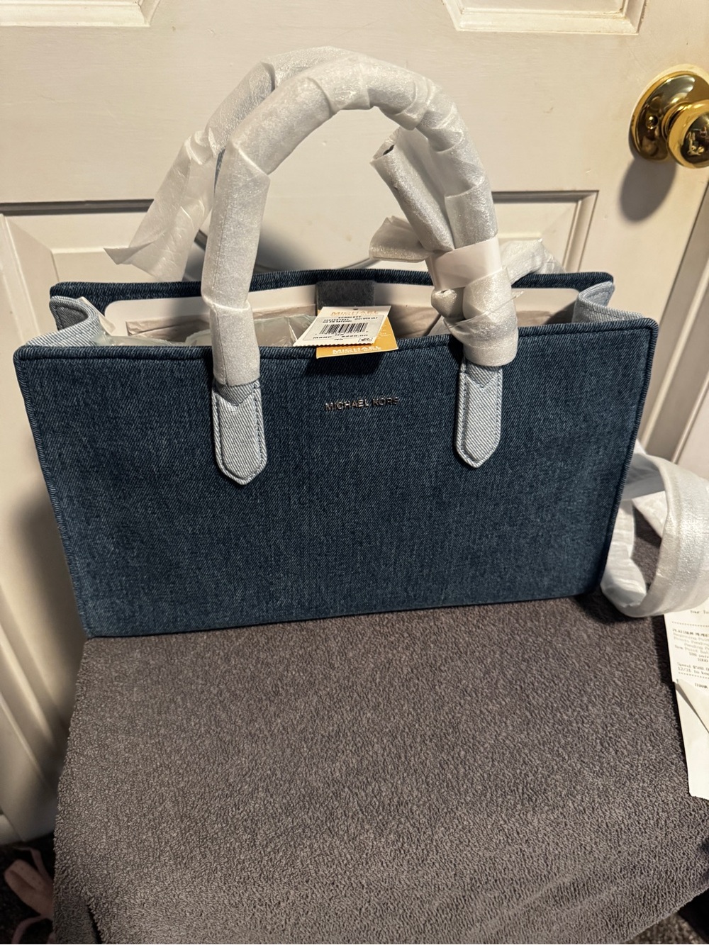 Michael Kors Denim Tote in Dark Blue with Light Blue Trim